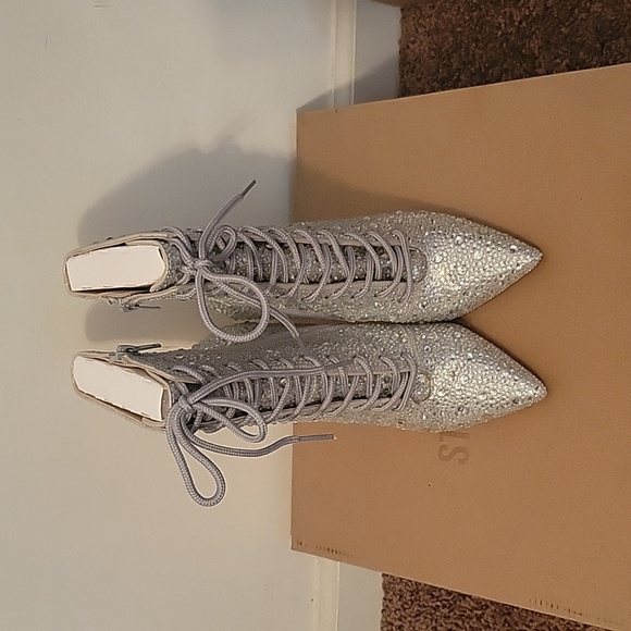 Steve Madden Blingy Valency Rhinestone Stilletto Heel Zip and Lace-Up Booties - Picture 7 of 16